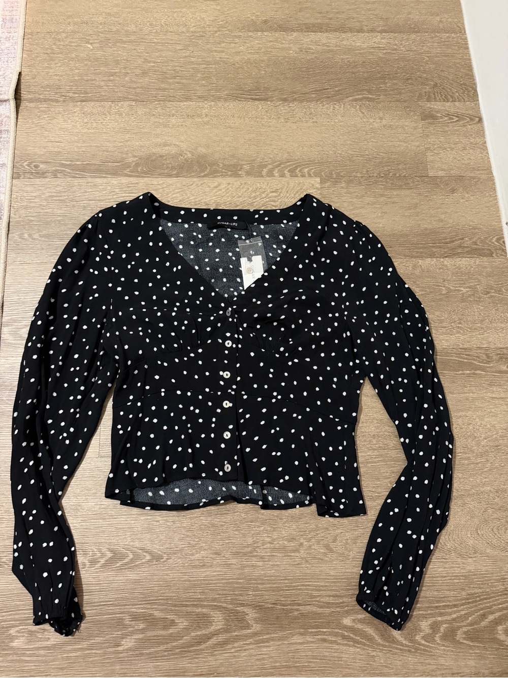 Sugar Black Long-Sleeve Polka Dot Button-Front Blouse